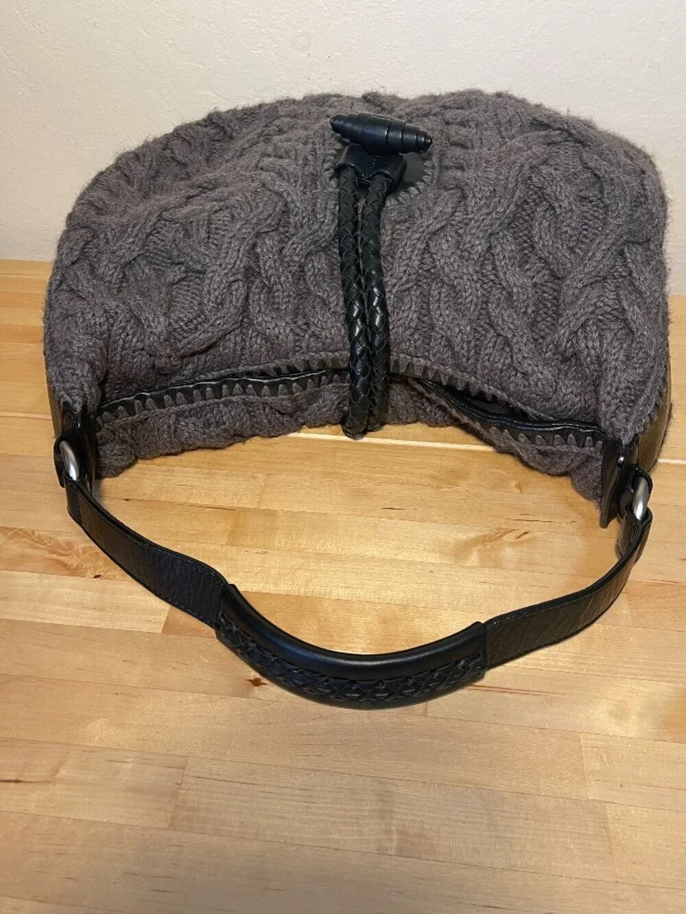 Banana Republic Gray Knit Hobo Bag Black Leather Strap Slouchy Shoulder Purse